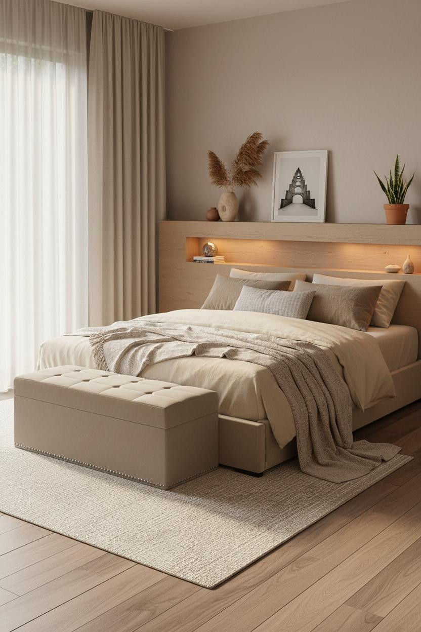 Bright, airy tiny bedroom for couples featuring a low-profile platform bed, wooden storage bench at foot, neutral bedding, soft natural light from window, minimalist decor, warm wood tones, and calm neutral palette in compact master bedroom space.