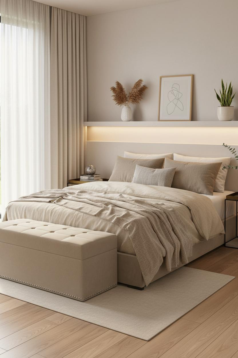 Bright, airy tiny bedroom for couples featuring a low-profile platform bed, wooden storage bench at foot, neutral bedding, soft natural light from window, minimal decor, warm wood tones, cream walls.