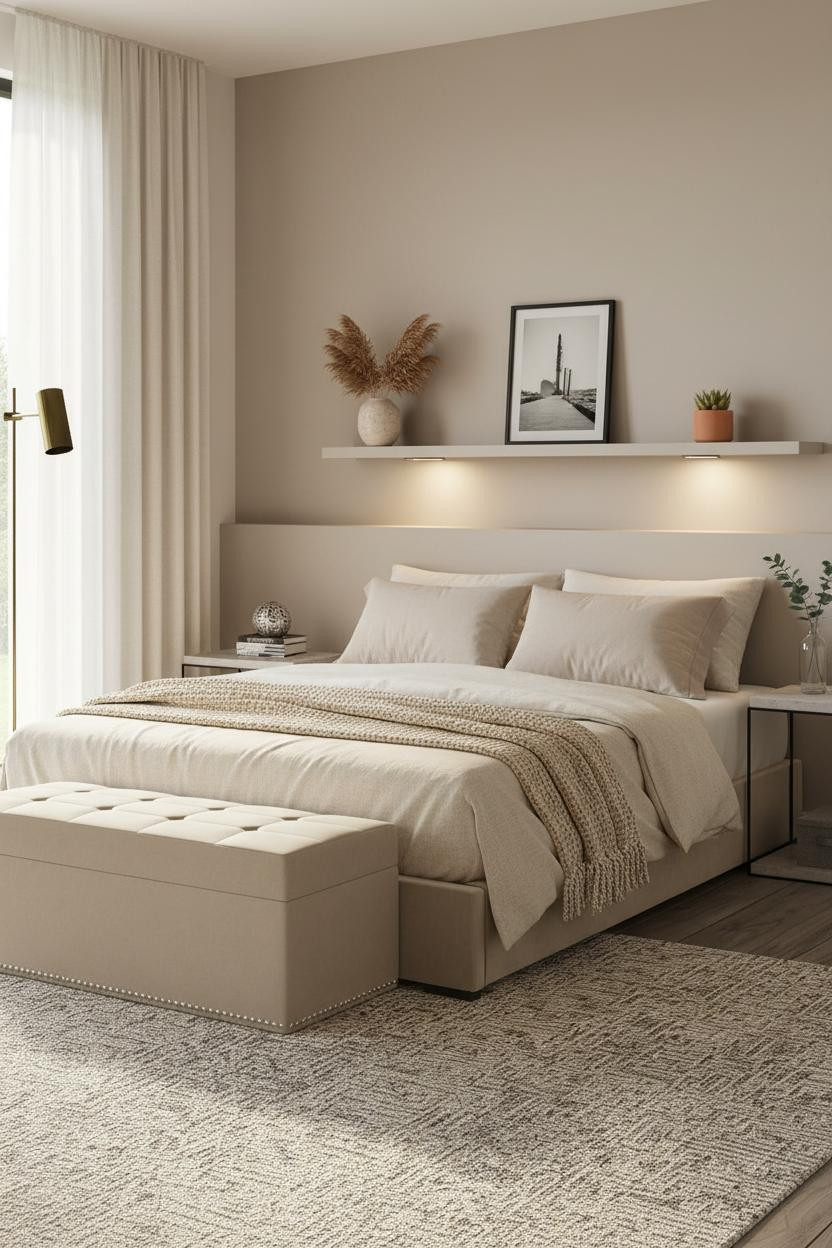 Bright, airy tiny bedroom for couples featuring a low-profile platform bed, wooden storage bench at foot, neutral bedding, soft natural light from window, minimal decor, warm wood tones, clean white walls.