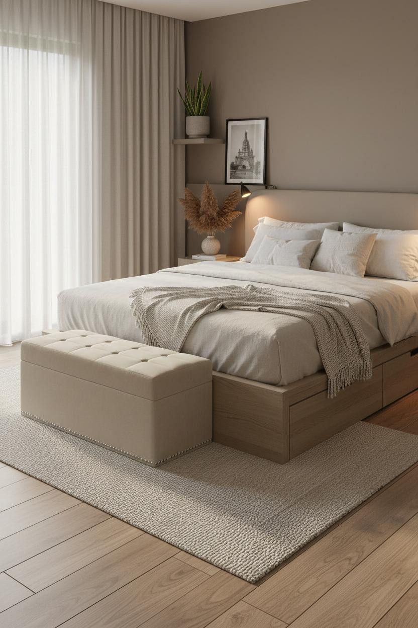 Bright, airy tiny bedroom for couples featuring a low-profile platform bed, wooden storage bench at foot, neutral bedding, soft natural light from window, minimal decor, warm wood tones, clean lines.