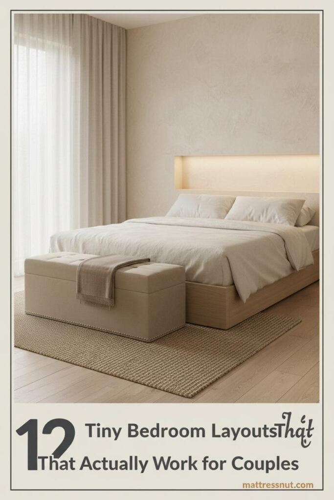 Compact couple bedroom with cream limewash headwall, low oak platform bed, linen bedding, taupe bench, and warm 2700K shelf lamp lighting