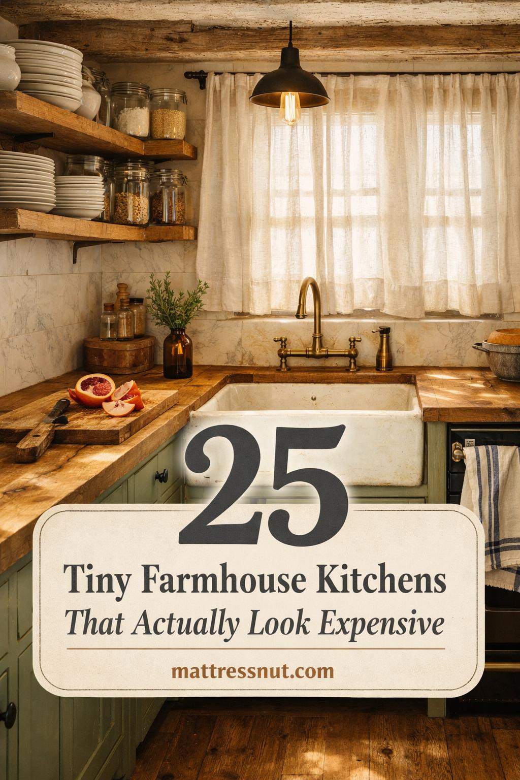 Compact farmhouse kitchen with white shaker cabinets, butcher block countertops, vintage brass fixtures, and open shelving