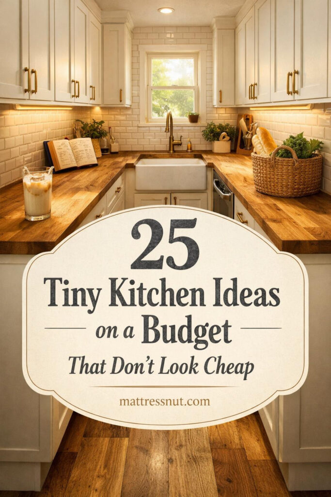 Compact kitchen with open shelving, white subway tiles, butcher block countertop, and hanging utensils in a small apartment