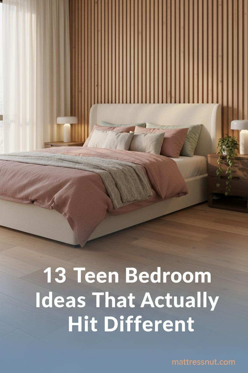 Sage green teen bedroom with slatted pine accent wall, dusty pink linen bedding, oak flooring, sheer cream curtains, and cozy layered pillows