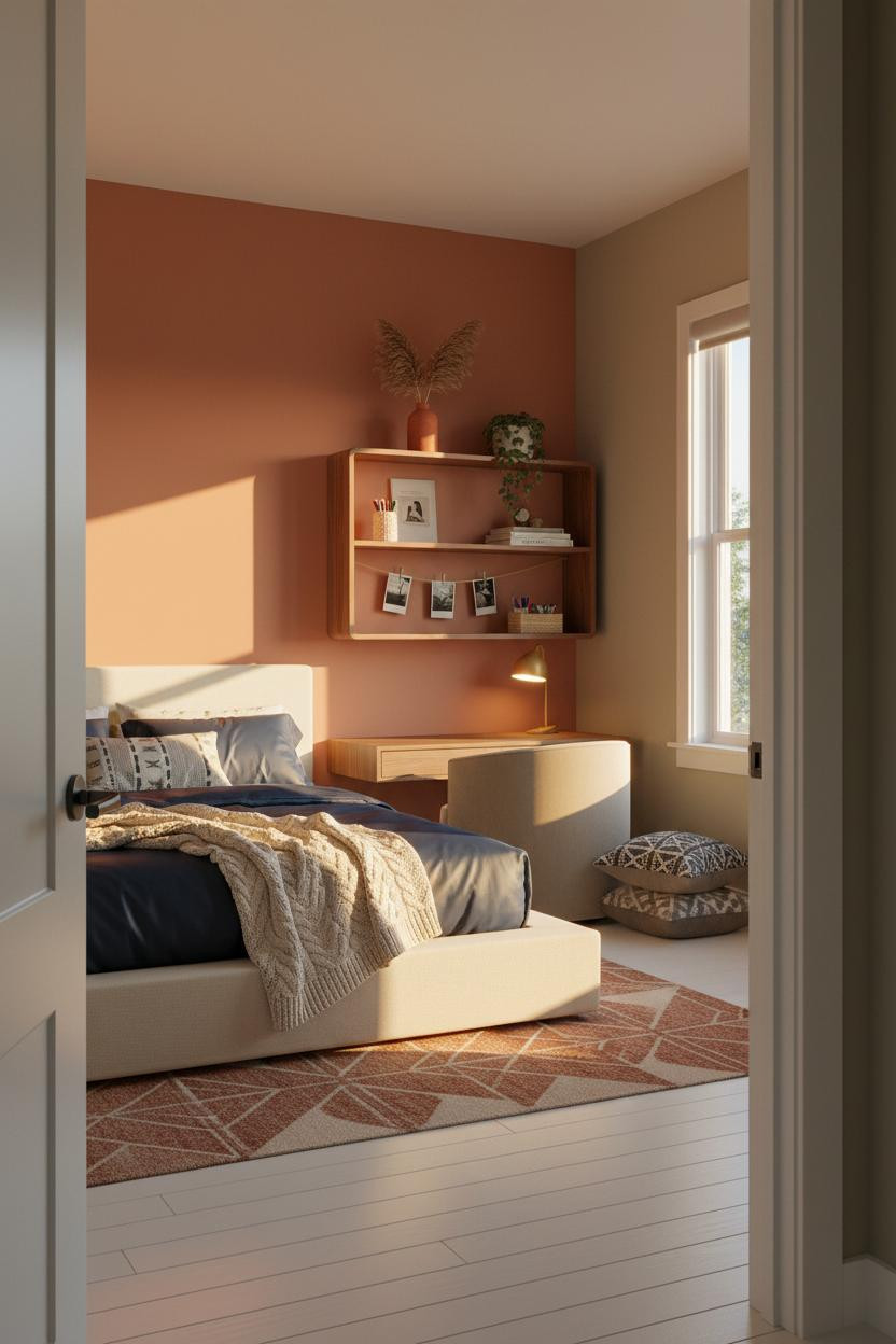 Trendy Teen Bedroom Walnut Shelving