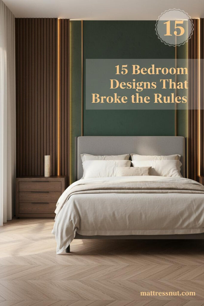 Luxury bedroom with dark walnut fluted panels, forest green Venetian plaster headwall, brass inlays, ivory linen bedding, herringbone oak floors