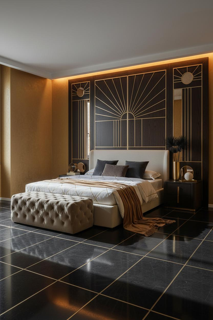 Bright modern bedroom with upholstered bed frame, cream tufted ottoman, soft neutral bedding, natural window light, light wood flooring, and minimalist decor styling.