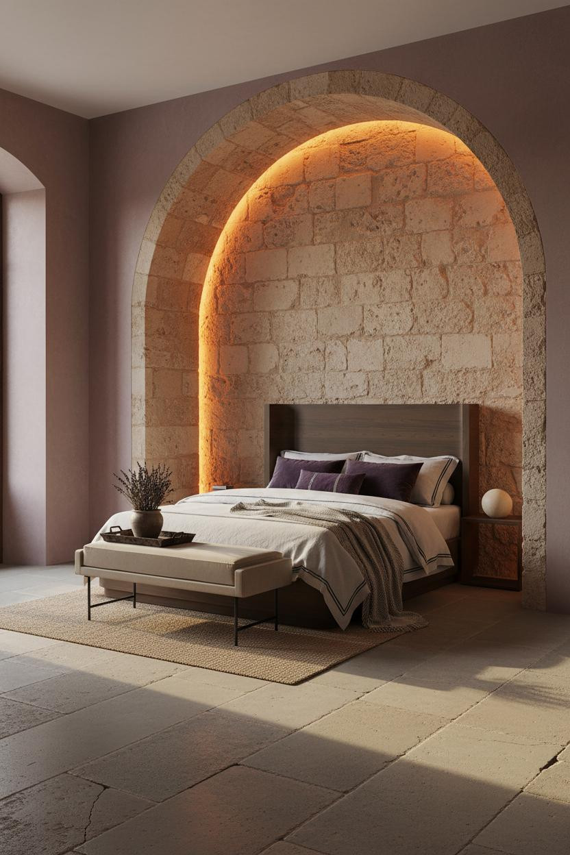 Bright modern bedroom with upholstered bed frame, cream bedding, and cushioned bench at foot of bed. Soft natural light, neutral palette, matte brass accents, clean contemporary design.