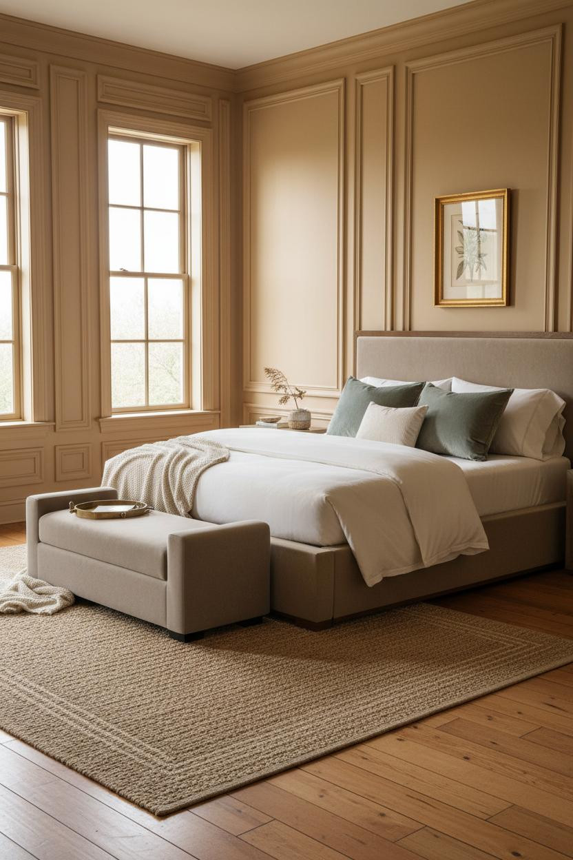 Bright, airy bedroom with upholstered bed frame, cream linens, cushioned bench at foot of bed, soft natural light from windows, warm wood flooring, neutral color palette, modern bedroom interior design.