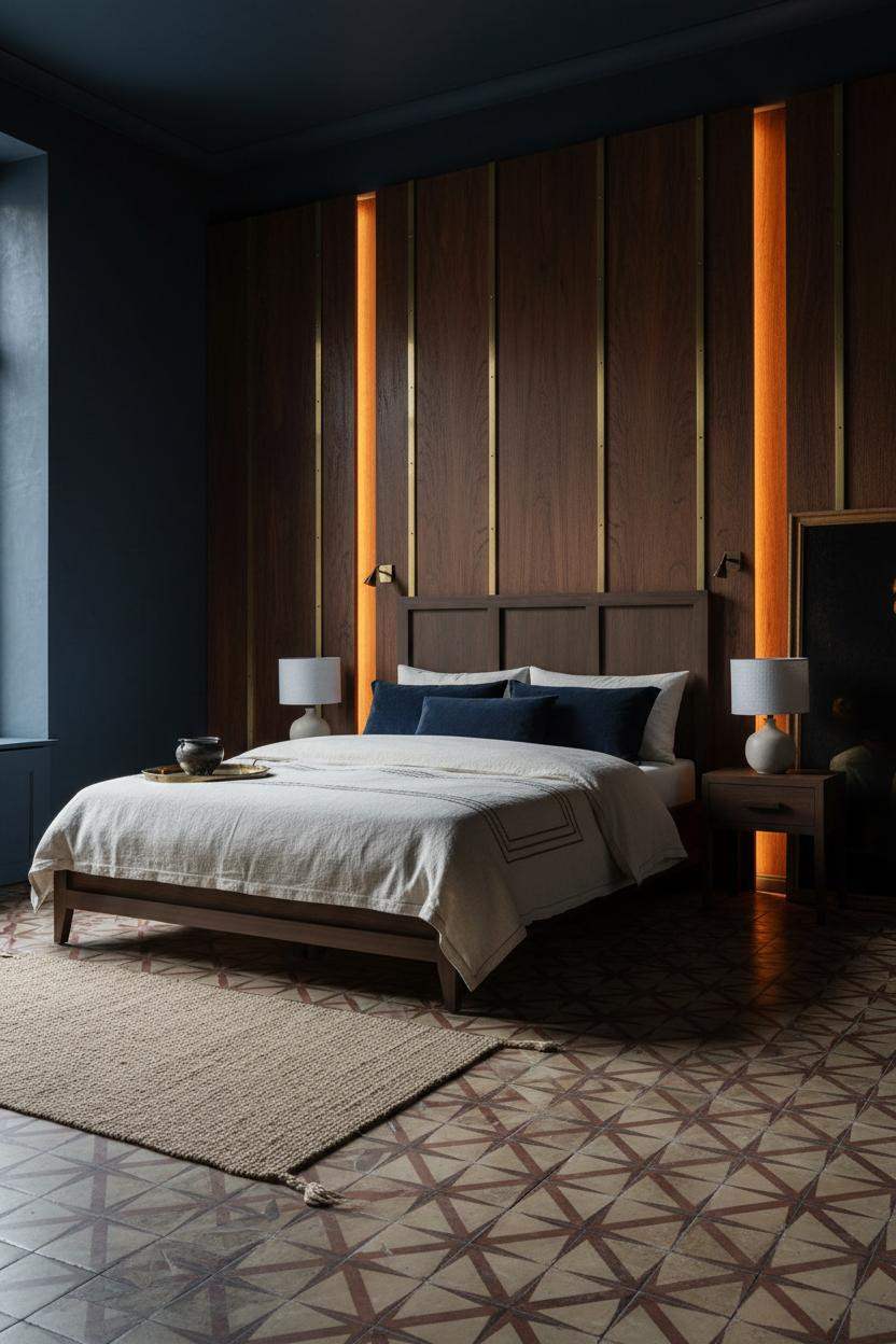 Bright, airy bedroom with luxury bed frame, soft neutral bedding, modern bedside lamp on wooden nightstand, warm natural light from window, clean minimalist decor, calm bedroom interior design.