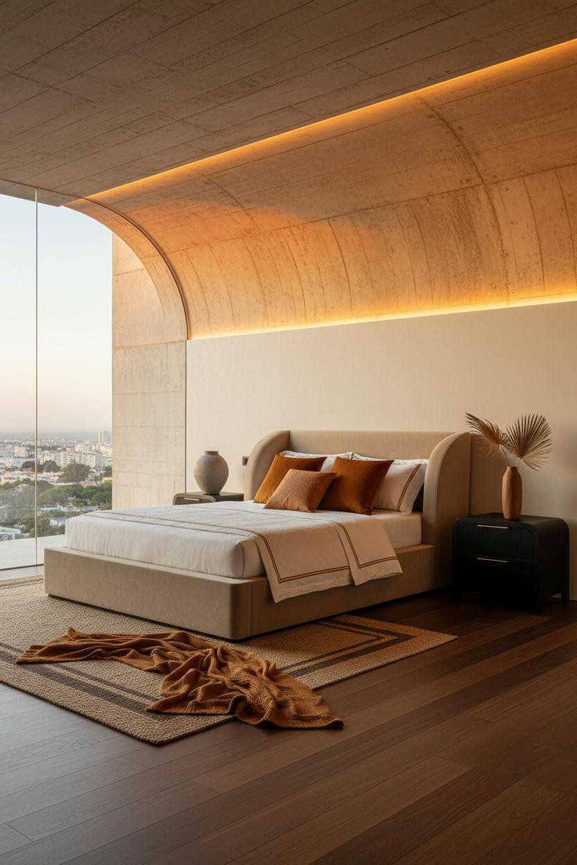 Bright modern bedroom with upholstered bed frame, wooden nightstand, soft neutral bedding, natural window light, and minimalist decor in warm cream tones.