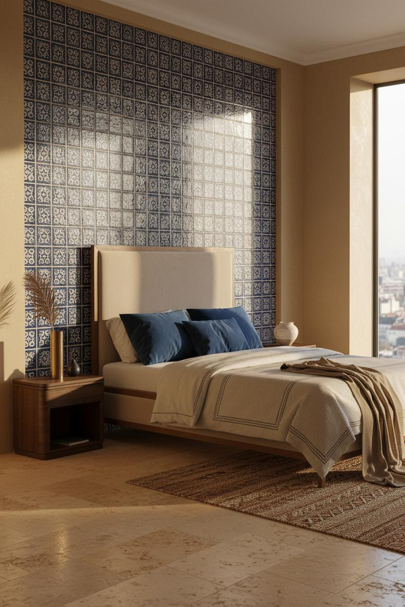 Bright modern bedroom with upholstered bed frame, matching nightstand, soft neutral bedding, natural window light, and minimalist decor on warm wood flooring.