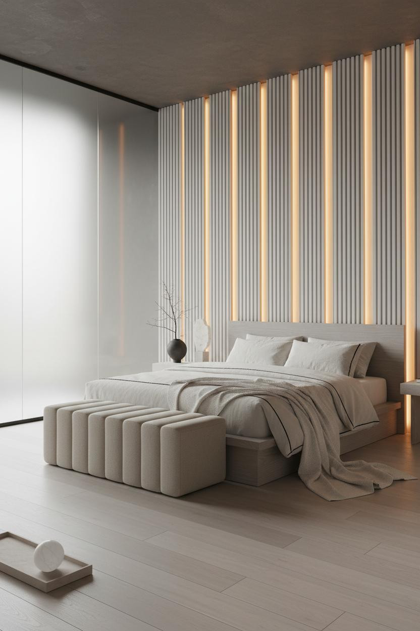 Bright, airy bedroom with upholstered bed frame and channel ottoman in neutral tones, soft natural lighting, clean modern design with matte brass accents and light wood flooring.