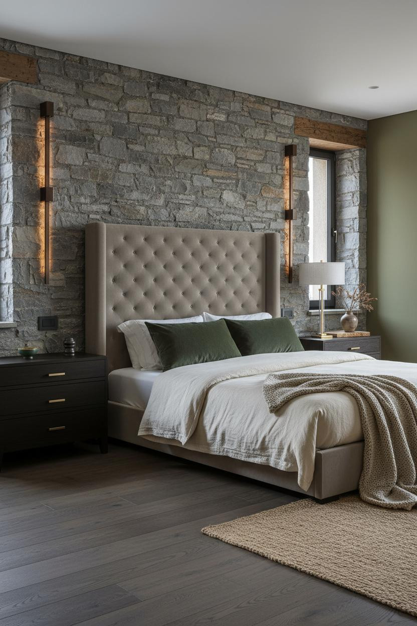 Bright modern bedroom with upholstered bed frame, minimalist nightstand, soft neutral bedding, natural window light, and clean contemporary interior design styling.