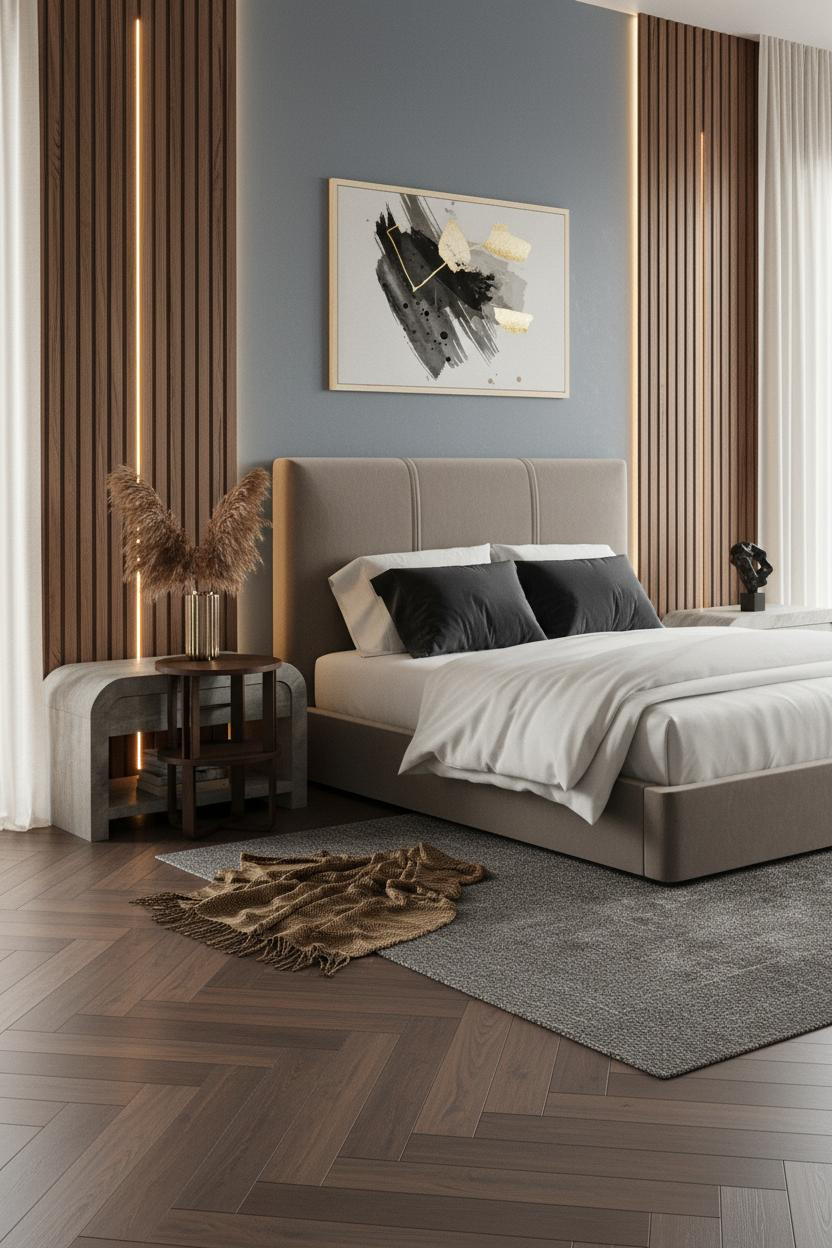Bright modern bedroom with light wood bed frame, matching nightstand, neutral bedding, soft natural window light, and minimalist decor in warm cream and beige tones.