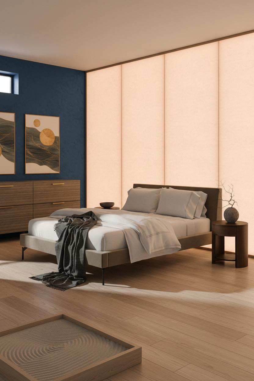 Bright modern bedroom with upholstered bed frame, minimalist nightstand, soft neutral bedding, natural window light, and clean contemporary interior design aesthetic.