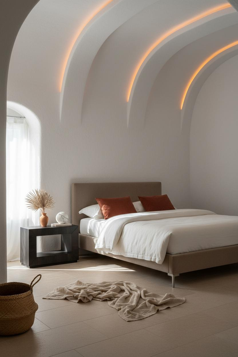 Bright modern bedroom with upholstered bed frame, wooden nightstand, soft neutral bedding, natural window light, and minimalist decor in warm white tones.