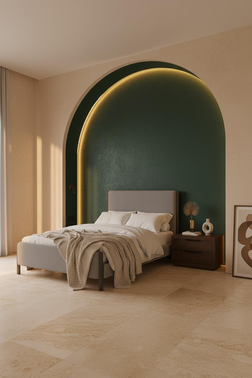 Bright modern bedroom with contemporary bed frame, wooden nightstand, soft neutral bedding, natural window light, and minimalist decor creating a clean, luxe sleeping space.