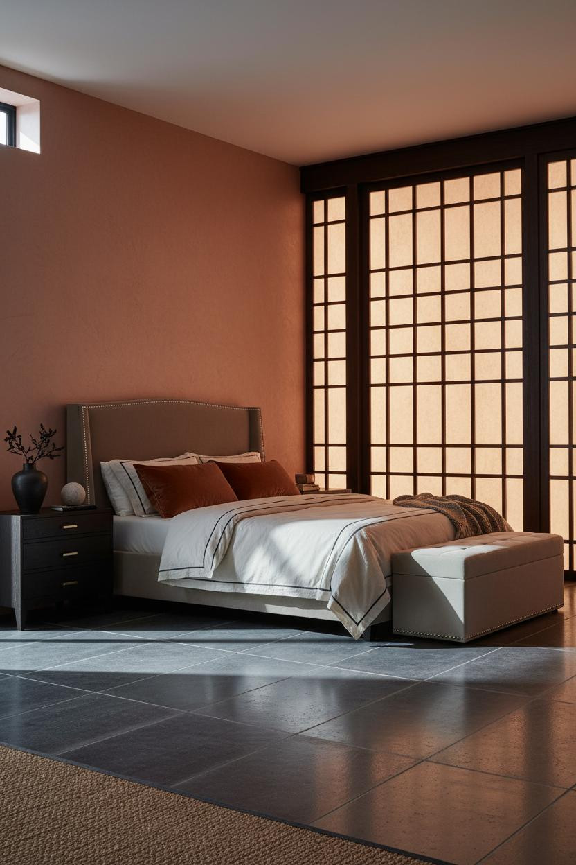Bright, airy master bedroom with light wood platform bed frame, cream bedding, wooden storage bench at foot of bed, soft natural window light, warm neutral palette, modern minimalist design.