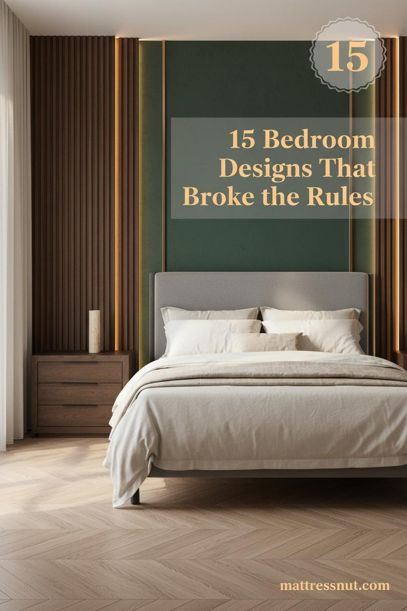 Luxury bedroom with dark walnut fluted panels, forest green Venetian plaster headwall, brass inlays, ivory linen bedding, herringbone oak floors