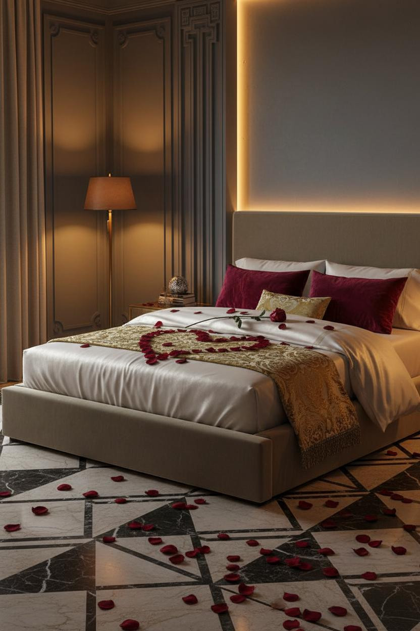 Romantic bedroom with soft rose lighting, cream bedding on upholstered bed frame, brass bedside lamp, warm ambient glow, neutral palette with romantic accents, intimate date night setup