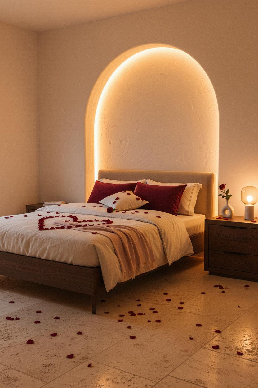 Bright, airy Valentine's bedroom with soft rose accents, romantic lighting, elegant upholstered bed frame, cream linens, wooden nightstand, and warm ambient glow for intimate date night styling.