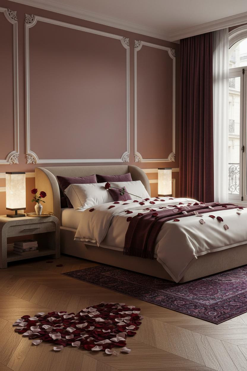 Romantic bedroom with soft rose petal bedding, warm ambient lighting from bedside lamp, neutral cream and blush tones, intimate date night room setup with layered textures and cozy styling.