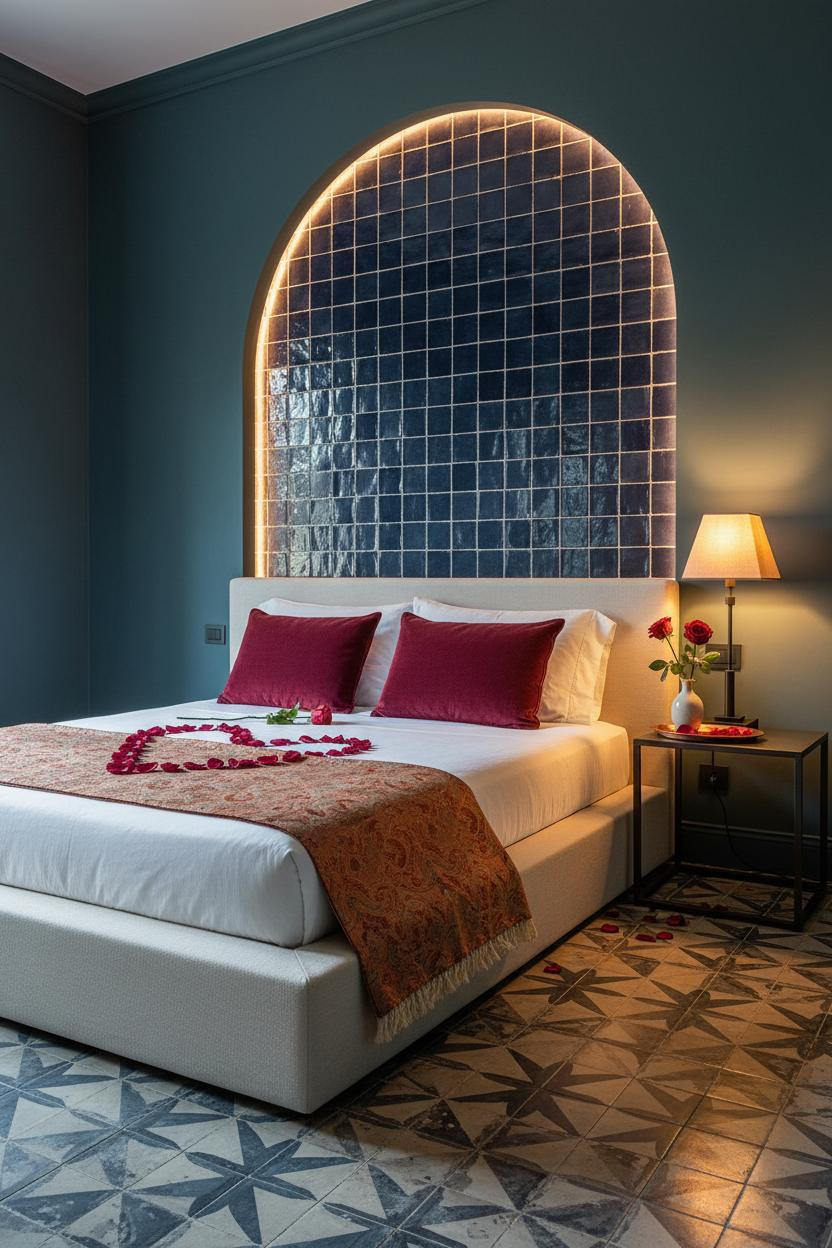 Romantic bedroom with soft rose-toned bedding, warm bedside lamp, cream pillows, and intimate lighting creating a cozy Valentine's Day room setup.