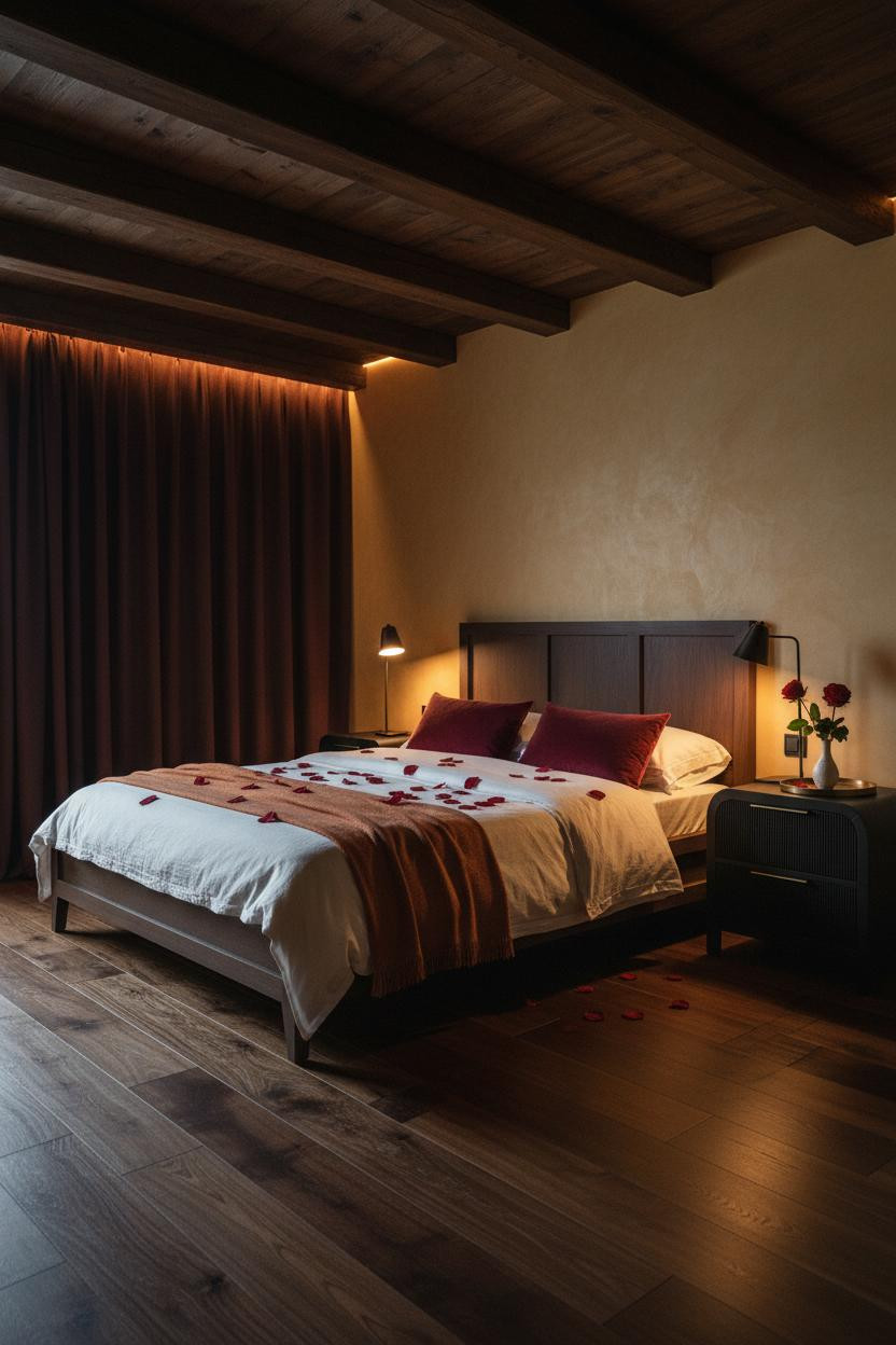 Bright, airy Valentine's bedroom with soft pink and cream bedding, romantic table lamp on wooden nightstand, rose petals, warm ambient lighting, and neutral walls creating an intimate date night atmosphere.