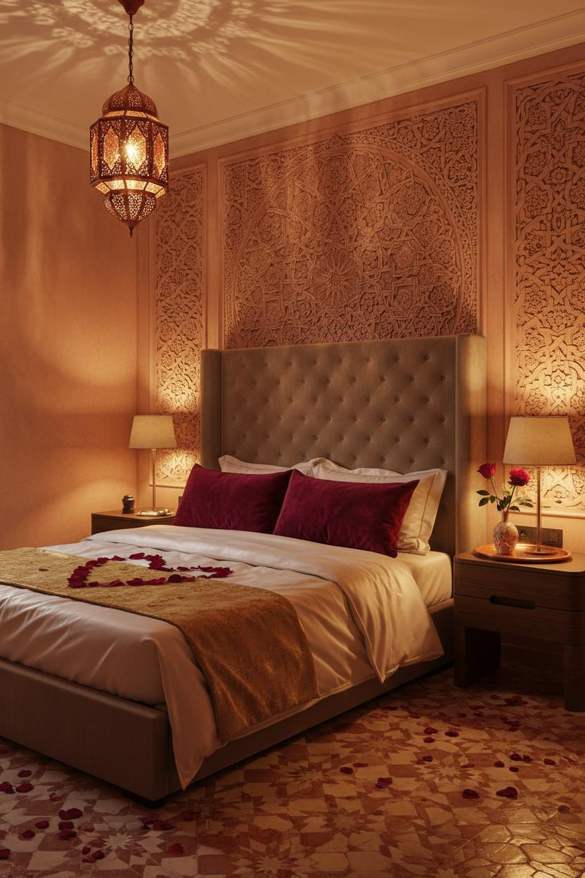 Bright, airy bedroom with soft pink and cream bedding, rose petals scattered on bed frame, warm ambient lighting from brass nightstand lamps, neutral walls, and natural daylight from windows.