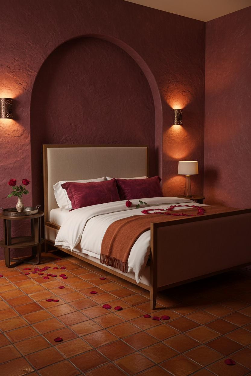 Romantic Valentine's bedroom with soft rose lighting, cream bedding on platform bed, wooden nightstand, warm ambient glow, and intimate room styling for couples.