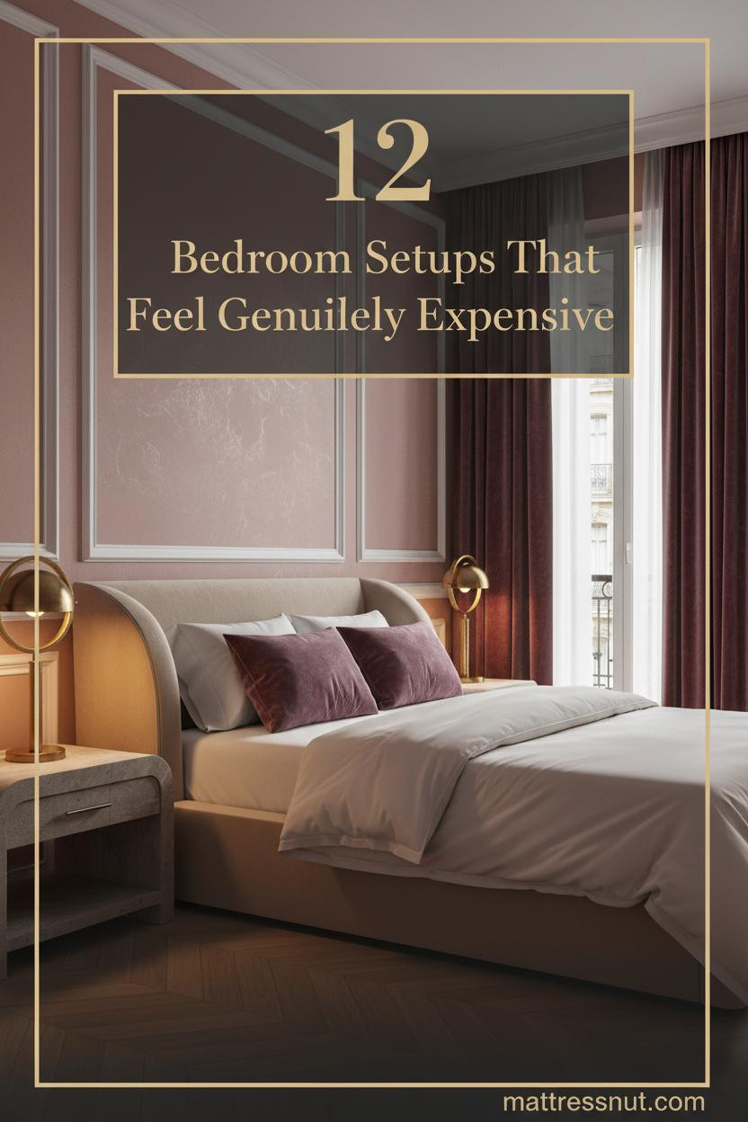 Romantic bedroom with dusty rose Venetian plaster walls, ivory sateen bedding, plum velvet shams, burgundy drapes, and warm amber brass lamp lighting