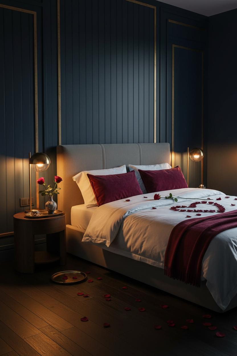 Romantic bedroom with soft pink lighting, rose petals on bed frame, cream bedding, brass nightstand, warm ambient glow, and intimate date night styling in neutral tones.