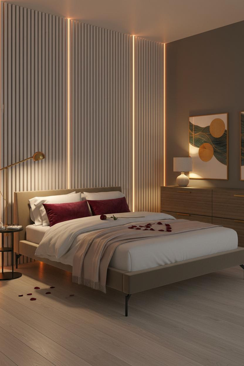 Romantic bedroom with soft rose petal bedding, warm bedside lamp casting gentle light, neutral cream and blush tones, luxe linens on platform bed, intimate lighting setup for Valentine's date night.