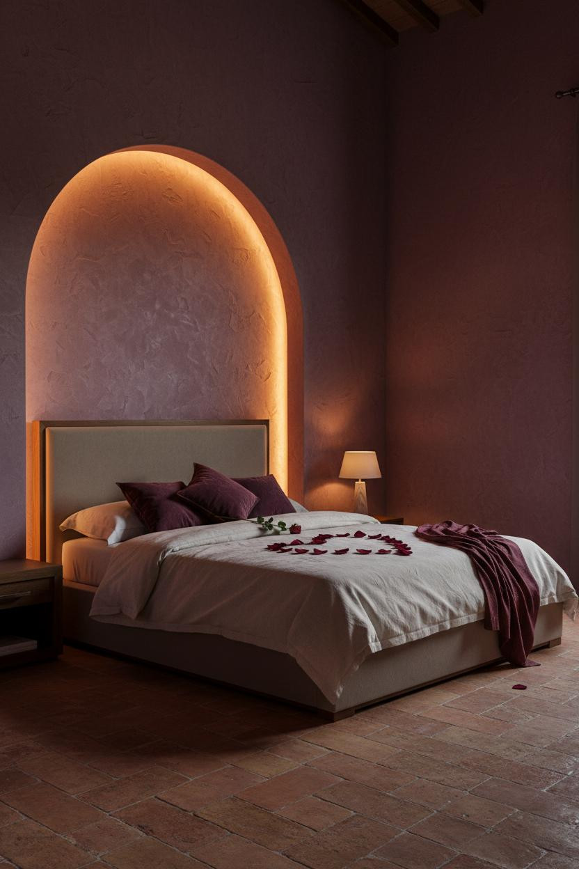 Romantic bedroom with rose petals on bed, soft warm lighting from bedside lamps, neutral cream bedding, wooden nightstand, and intimate date night room styling.
