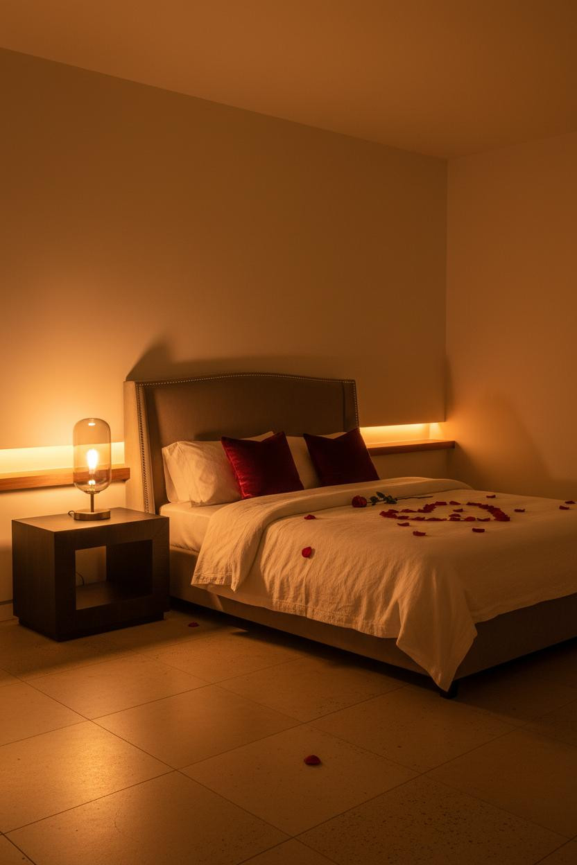 Bright, airy Valentine's bedroom with soft pink bedding, rose petals on bed frame, warm ambient lighting from brass nightstand lamps, cream walls, and romantic room styling for date night.