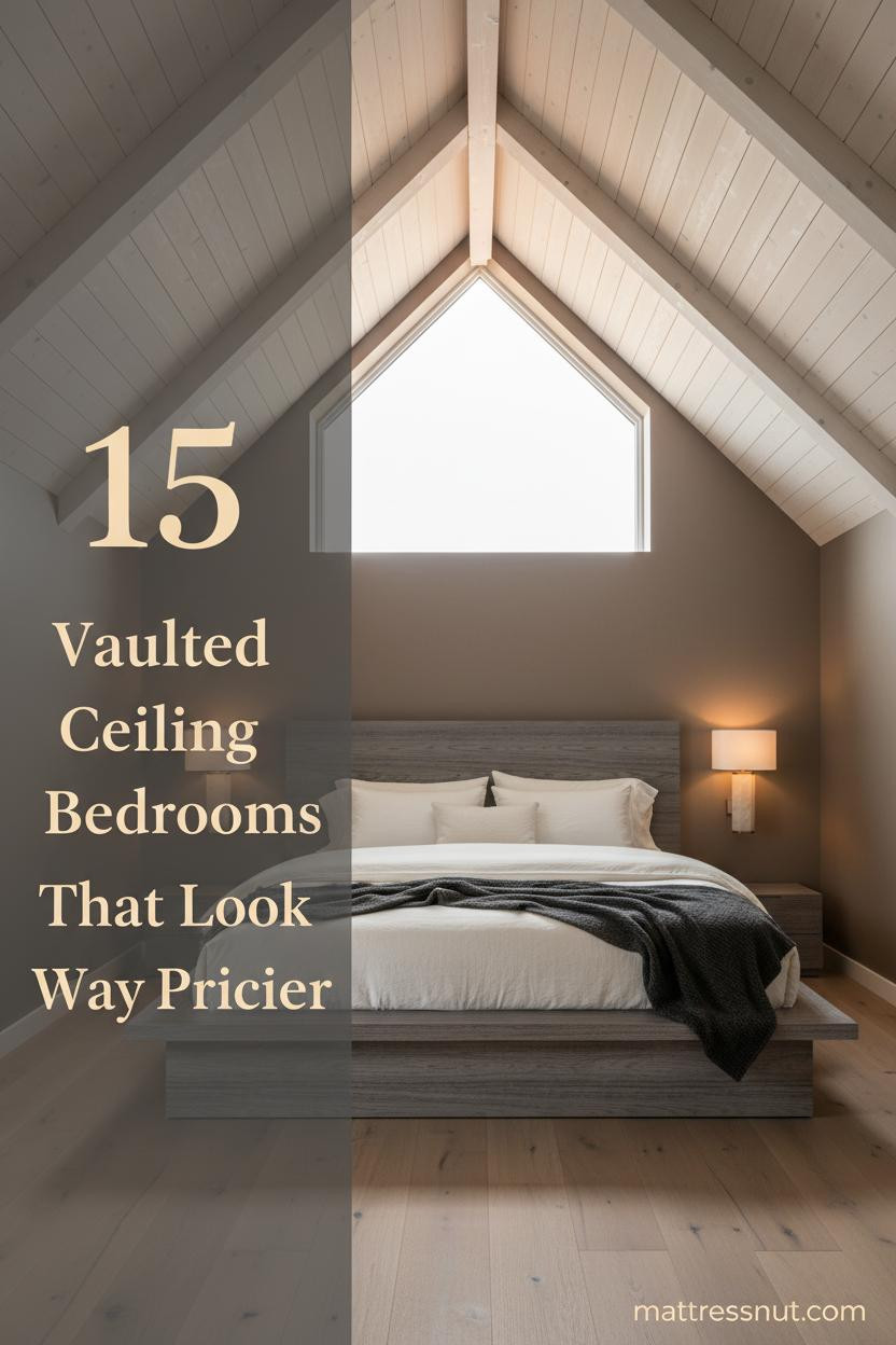 Cathedral vaulted bedroom with whitewashed hemlock plank ceiling, mushroom plaster walls, wide-plank oak floors, ivory linen bedding, charcoal throw, and amber sconce lighting