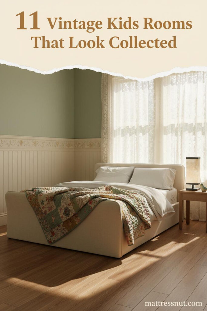 Vintage kids room with sage walls, cream wainscoting, patchwork quilt, linen bedding, honey wood floors, and warm lace curtain light