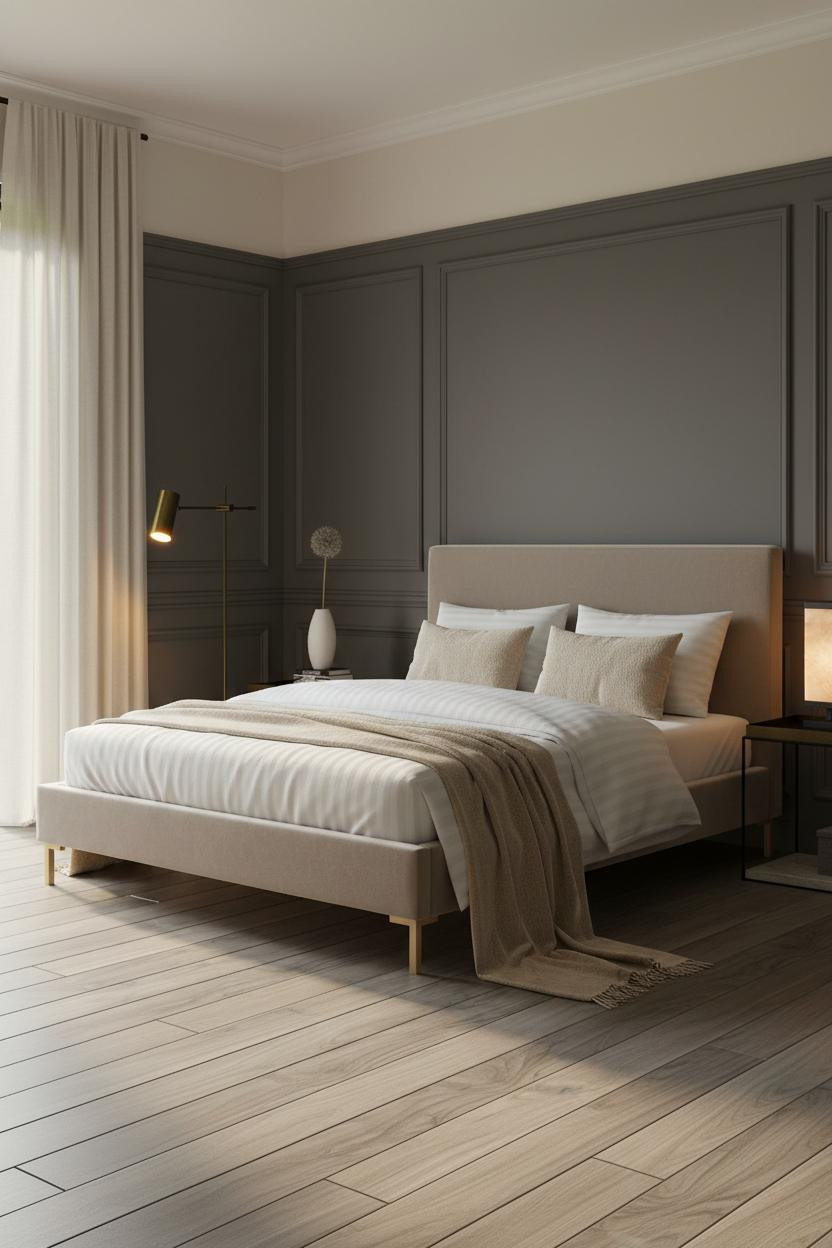 Bright bedroom with white wainscoting and chair rail molding on walls, cream bedside lamp on wooden nightstand, natural window light, clean paneled wall design.