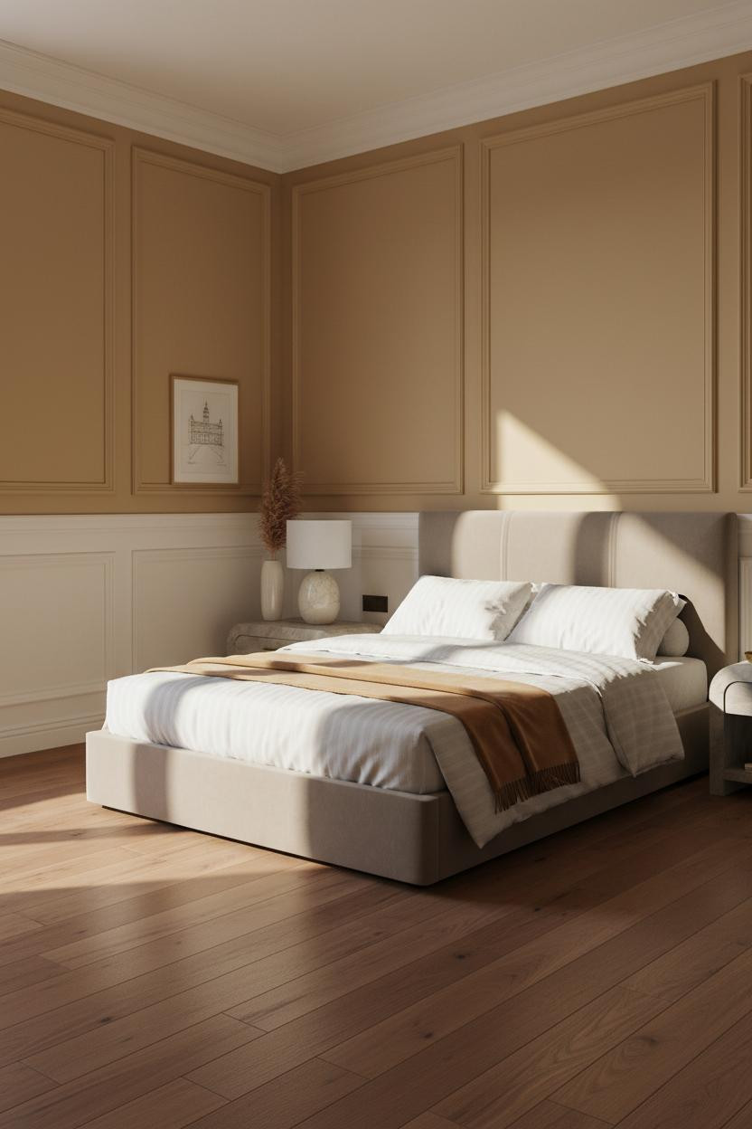 Bright bedroom with white wainscoting and chair rail molding on lower walls, cream upper walls, natural wood bed frame, soft bedside lamp, and warm daylight from window.