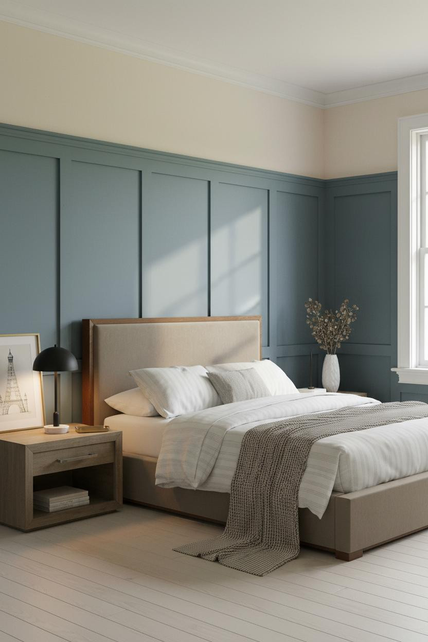 Bright bedroom with white wainscoting and chair rail molding on lower walls, cream upper walls, wooden bed frame, and bedside lamp with soft natural lighting