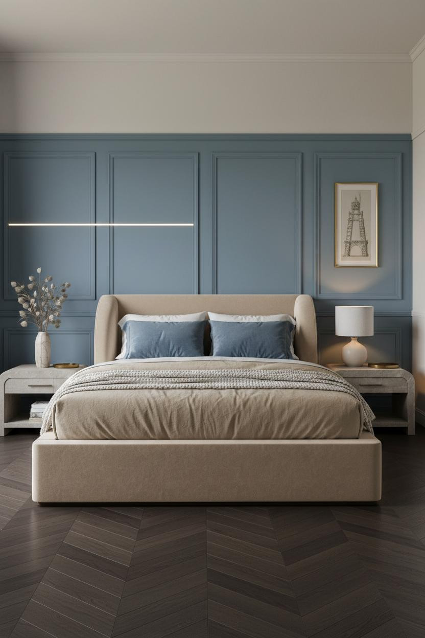 Bright bedroom with white wainscoting and chair rail molding on lower walls, cream upper walls, natural wood bed frame, and brass bedside lamp with soft daylight.