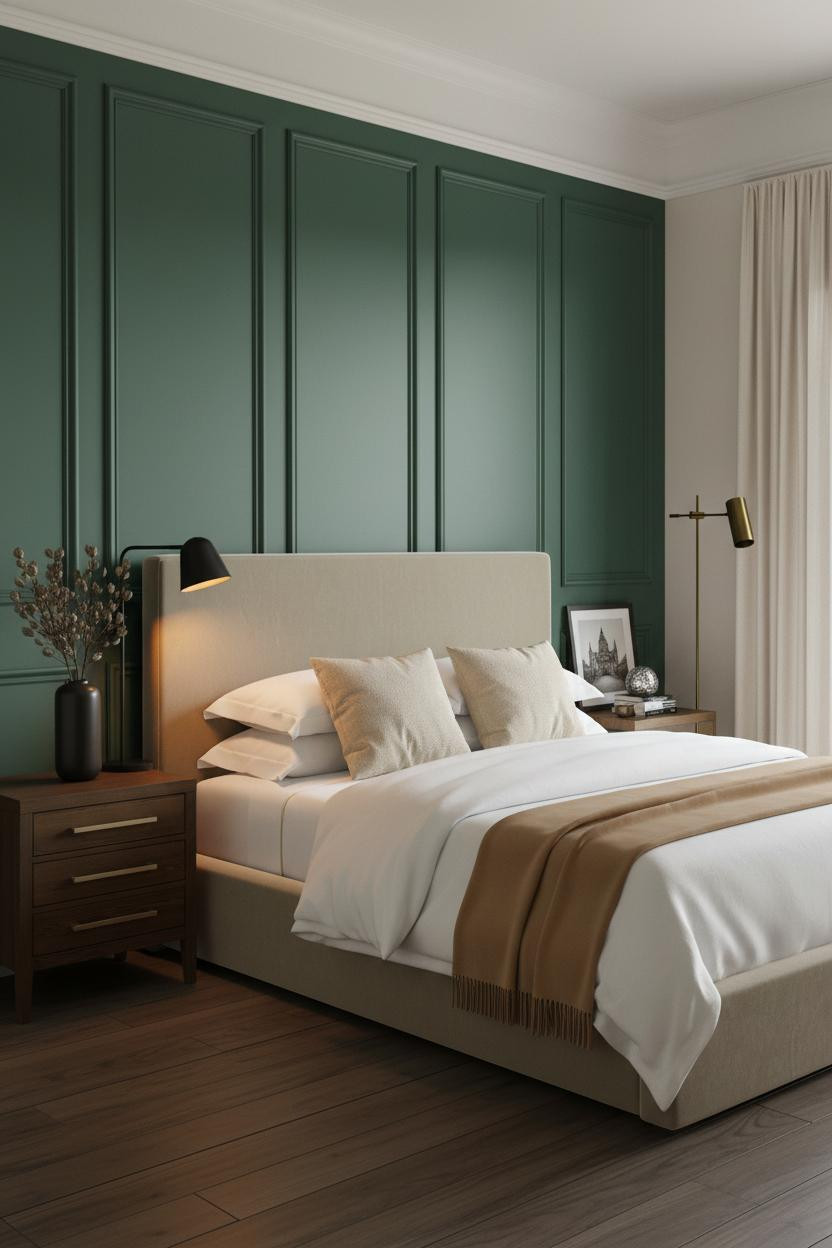 Bright bedroom with white wainscoting and chair rail molding on lower walls, natural wood bed frame, cream bedding, matte brass nightstand, soft window light, neutral palette.
