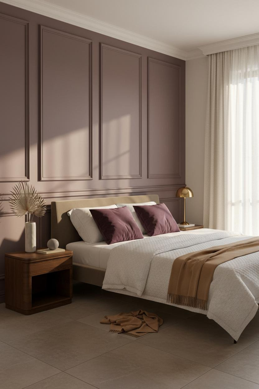 Bright bedroom with white wainscoting and chair rail molding on walls, wooden bed frame, white nightstand, soft natural lighting from windows, clean paneled wall design.