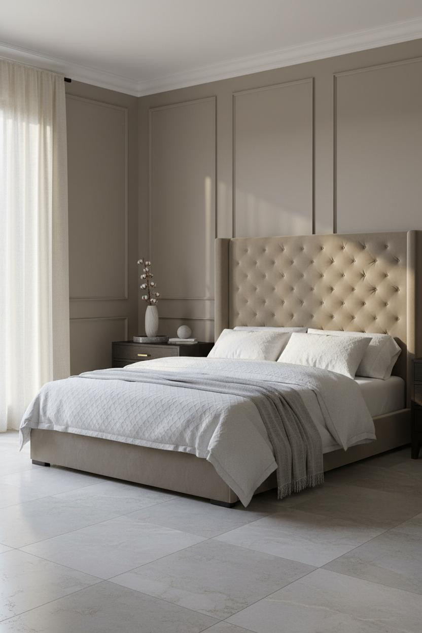 Bright bedroom with white wainscoting and chair rail molding on walls, neutral bedding, wooden bedside table, soft brass lamp, and natural window light creating clean, airy aesthetic.
