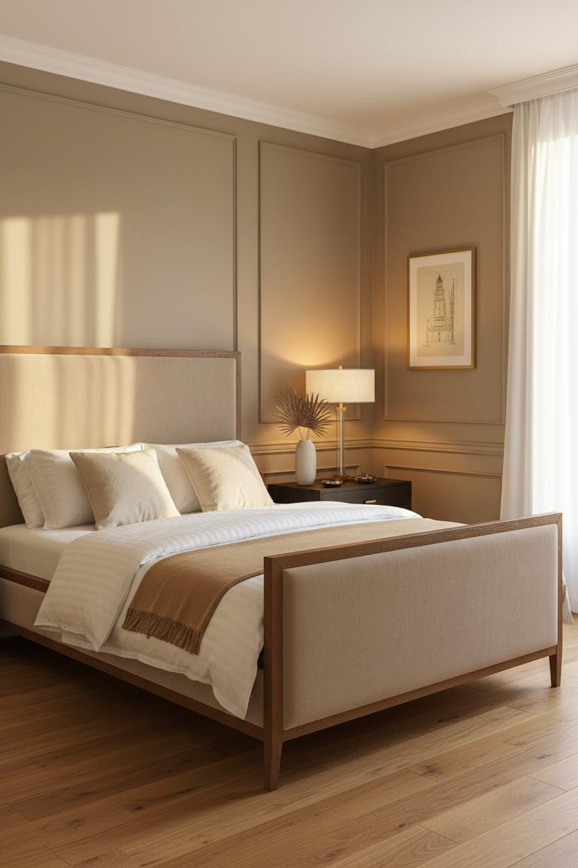 Bright bedroom with white wainscoting and chair rail molding on lower walls, cream upper walls, natural wood bed frame, brass bedside lamp, soft neutral bedding, and warm daylight from window.