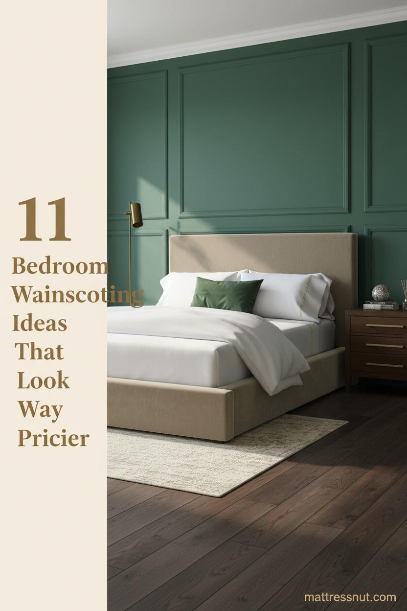 Master bedroom with forest green recessed-panel wainscoting, white chair rail, ivory walls, dark walnut floors, and warm brass lamp lighting