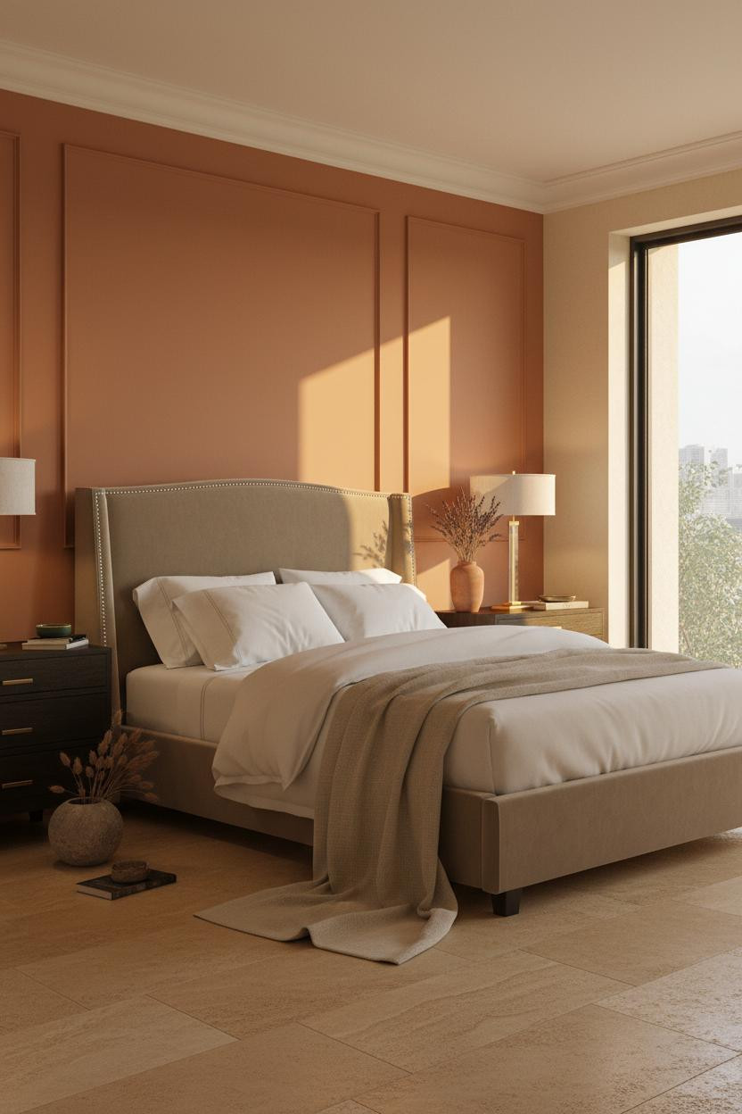 Bright bedroom with white wainscoting and chair rail molding on lower walls, cream upper walls, natural wood bed frame, and brass bedside lamp with soft window lighting.