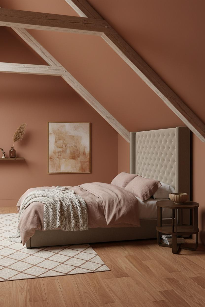 Warm Cozy Attic Bedroom Exposed Beams Terracotta