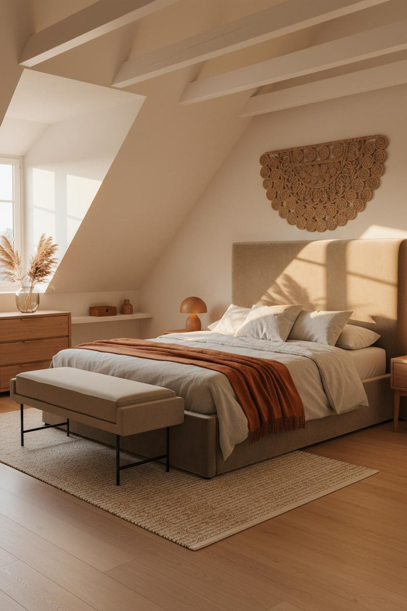 Warm Cozy Bedroom Attic Japandi Golden Light